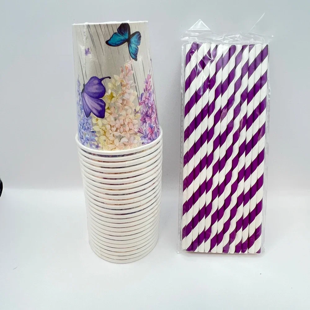 HIPVVILD Butterfly Theme Party Supplies Set Purple Floral Plates Cups Napkins